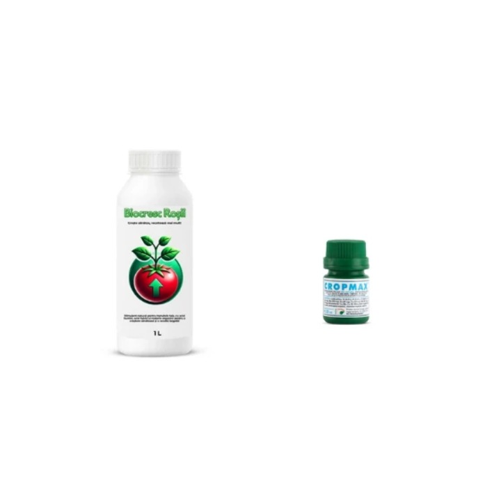Pachet tratament si nutritie tomate/rosii, Stimulator de legare si rodire, Biocresc Rosii, 1 l + Fertilizant foliar natural, universal Cropmax, 20 ml