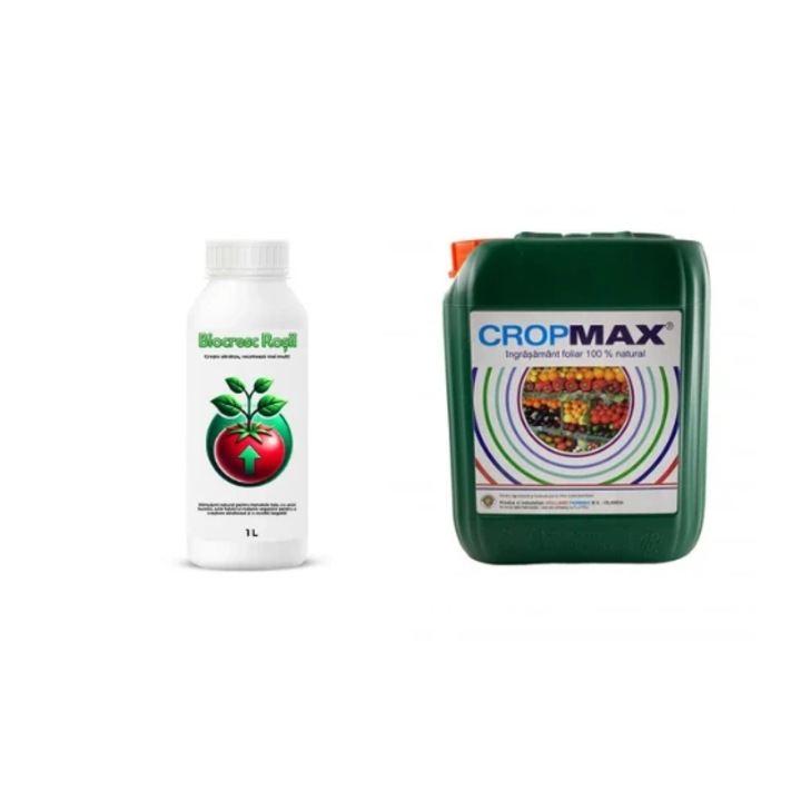 Pachet tratament si nutritie tomate/rosii, Stimulator de legare si rodire, Biocresc Rosii, 1 l + Fertilizant foliar natural, universal Cropmax, 20 l
