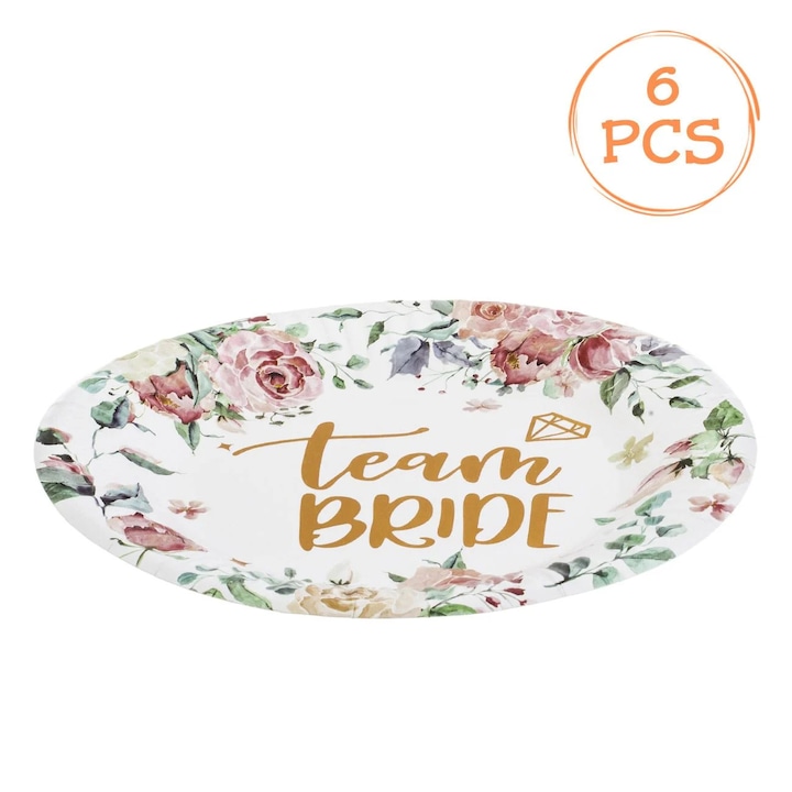 Бели картонени чинии с розово златно фолио Цветя Team Bride Ø18см - 6бр