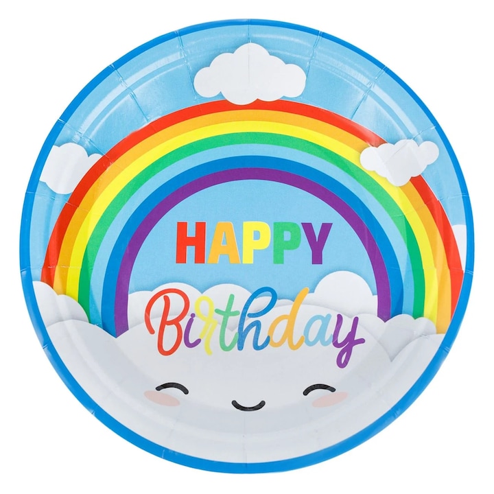 Farfurii din Carton de Petrecere Curcubeu Colorat Happy Birthday 23cm - 6buc