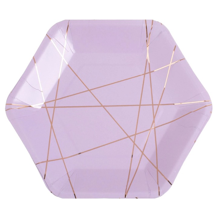 Let's Celebrate Lila Marble Шестоъгълни картонени чинии със златно фолио 18 см - 6 бр.