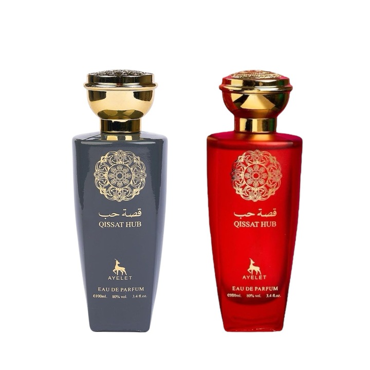Eau de Parfum készlet, Qissat Hub Grey / Qissat Hub Red, Férfi és Női, 2x100 ml