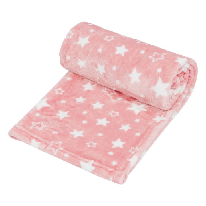 Patura CARODIS pentru bebelusi, catifelata, 100x75 cm, poliester, roz cu stele albe, pentru fete