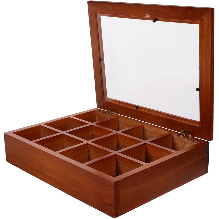 YANYXR BCS3563182 teafilter tartó doboz, 12 rekeszes, fa átlátszó akril tetővel és rozsdamentes acél elemekkel, barna, 26 x 19.7 x 6.7 cm