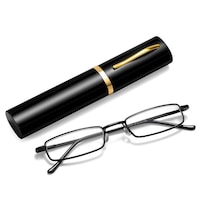 Ochelari de citit metalici, dioptrie +1.50, protectie UV, antireflex, negru, set compact cu carcasa