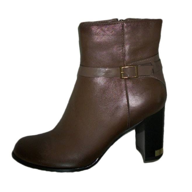 Botine din piele, cu toc inalt si decor auriu,D&J Exclusive, Maro