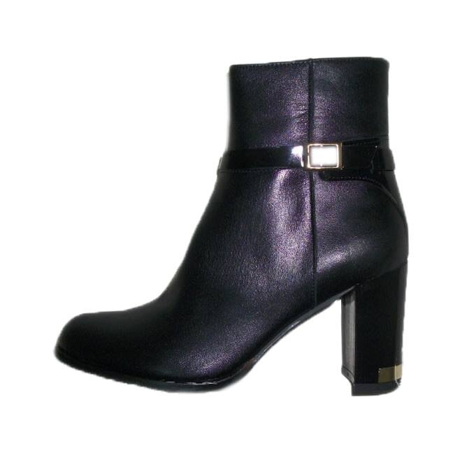 Botine din piele, cu toc inalt si decor auriu,D&J Exclusive, Negru