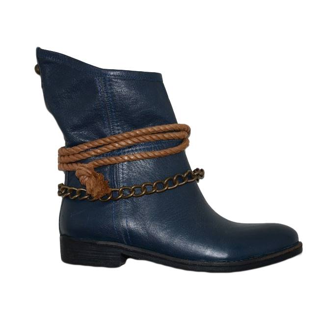 Botine din piele cu design de snur si lant ,D&J Exclusive, Bleumarin