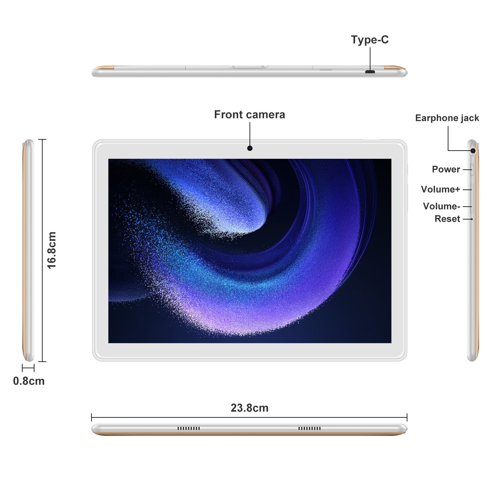 Tableta Android de 10,1 inchi 2025, stocare de 64 GB, camere duale fata si spate 8MP, WiFi, Bluetooth, GPS, suport de expansiune de 256 GB, afisaj IPS (auriu)