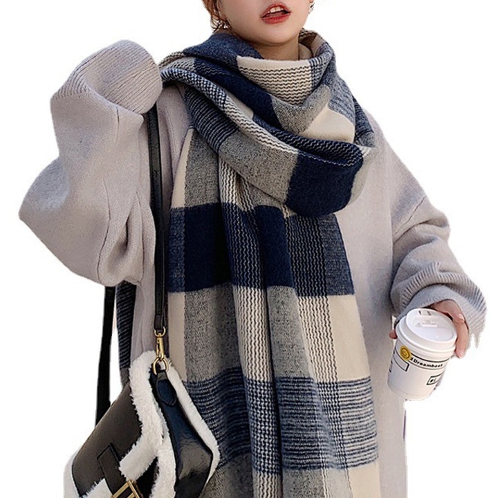 Esarfa oversized cu model in carouri, detalii cu ciucuri, material asemanator casmirului, multicolor