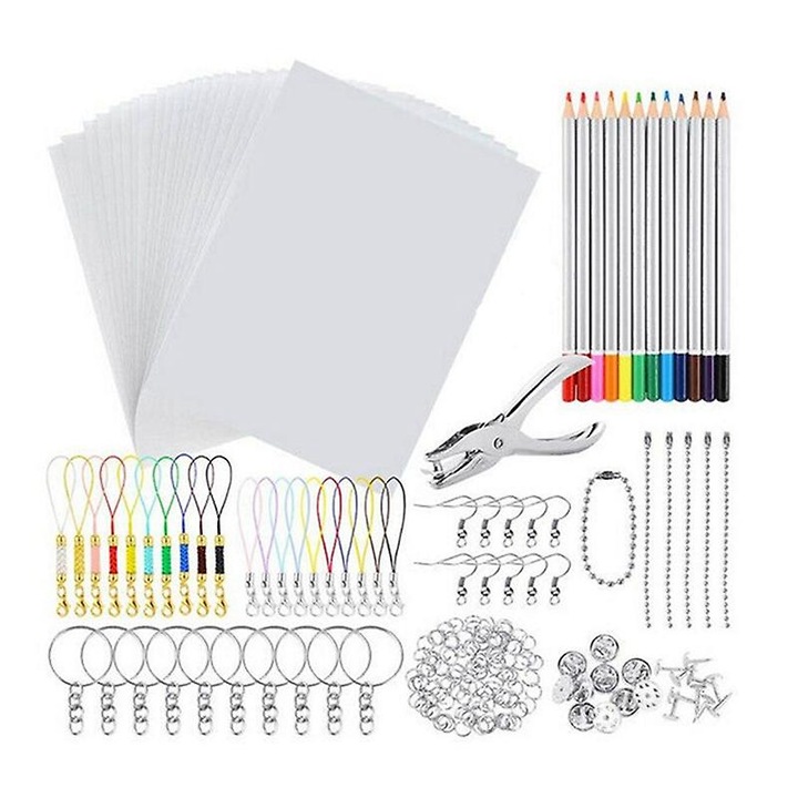 Set accesorii artă shrink, 165 brelocuri, 20 foi plastic, 12 creioane multicolore, 1 perforator, multicolor