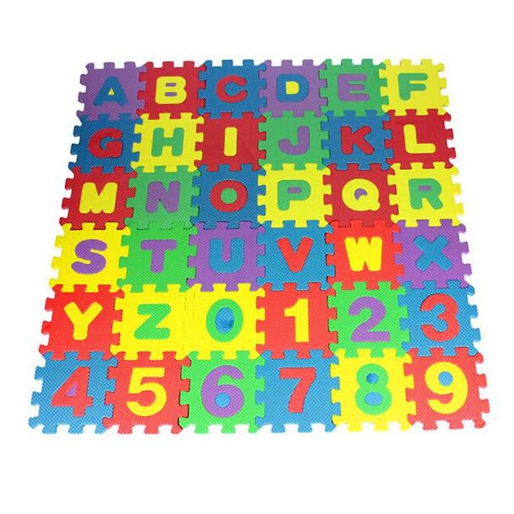 36 részes habszivacs ábécé és szám puzzle szőnyeg, 5x5cm, többszínű