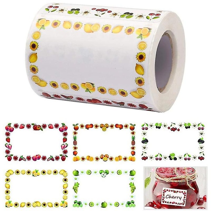 Самозалепващи етикети за буркани, комплект 250 бр., дизайн плодове, 5x3см