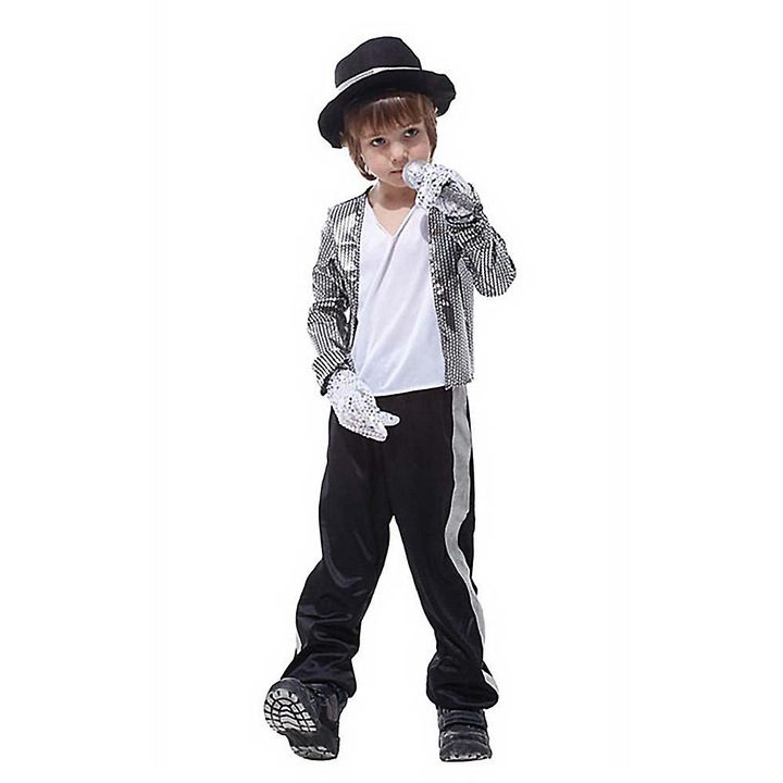 Costum de Cosplay pentru Copii, Michael Jackson, Set cu Top, Pantaloni, Palarie si Manusi, Multicolor, Poliester
