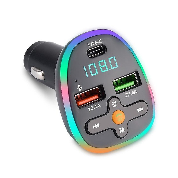 Autós Bluetooth FM transzmitter, U-lemez támogatás, QC3.0 gyors töltés, 12V-24V