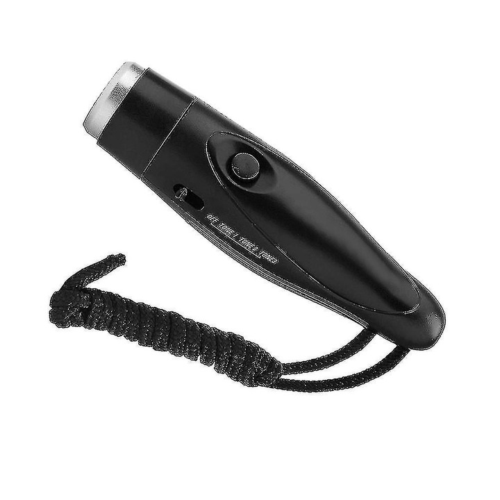 Fluier electronic cu 3 tonuri, negru, set cu lanyard si 4 baterii CR2032, 13.65x3.8cm