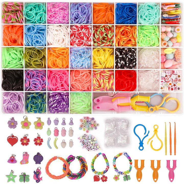 Set bratari din elastice, 3000+ elastice colorate, 12 farmecuri, 80 margele, 2 crosete, 3 Y-looms, 40x30cm