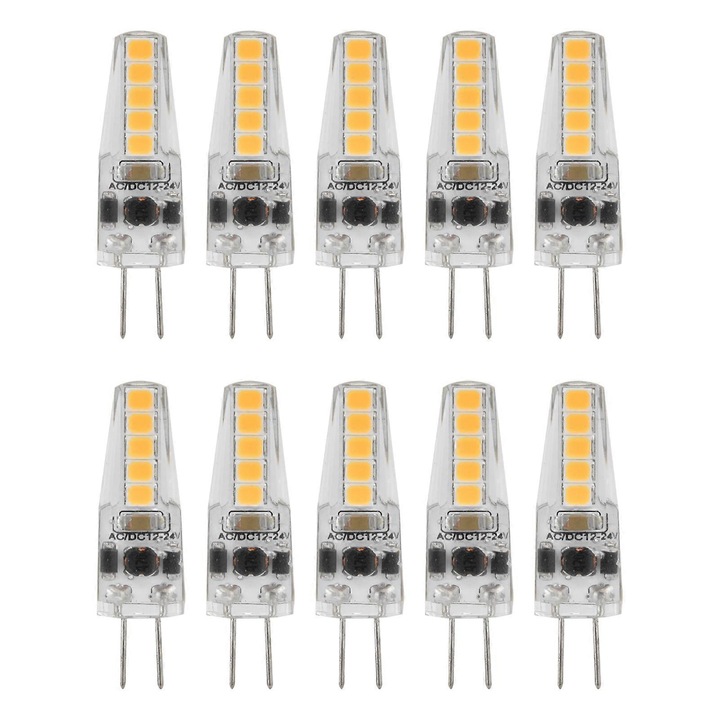 10 darabos G4 LED izzó készlet, 2W, 3000K, meleg fehér, 3.7x1cm