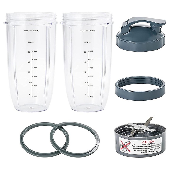 Set de piese pentru blender NutriBullet, 2 cupe de 32oz, lama extractor, capac etans, plastic