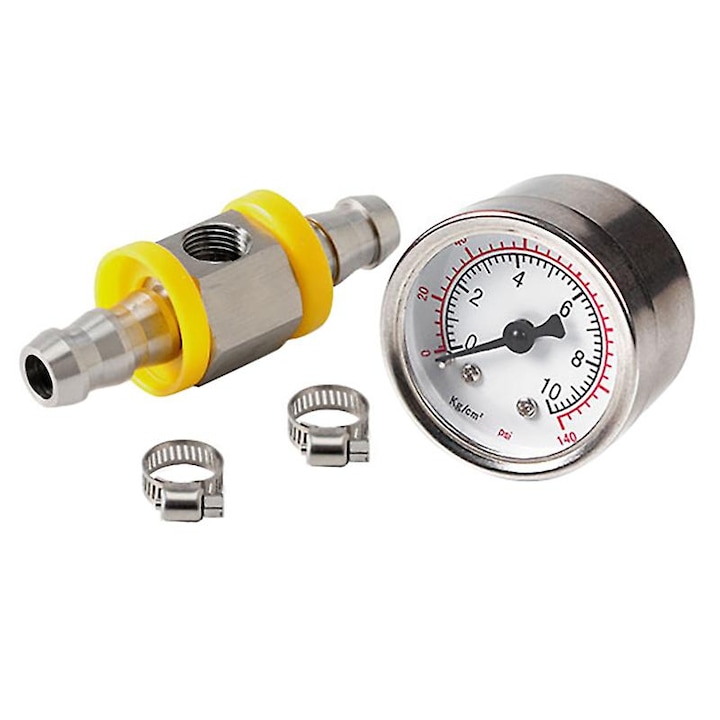 Manometru presiune combustibil, 0-140PSI, adaptor 1/8 NPT, 2 cleme furtun, aluminiu/inox, argintiu