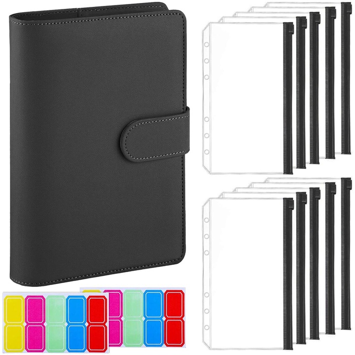 Agenda planificare buget, format A6, 10 plicuri, 2 coli stickere, piele ecologica, negru, 19x13x3.7cm