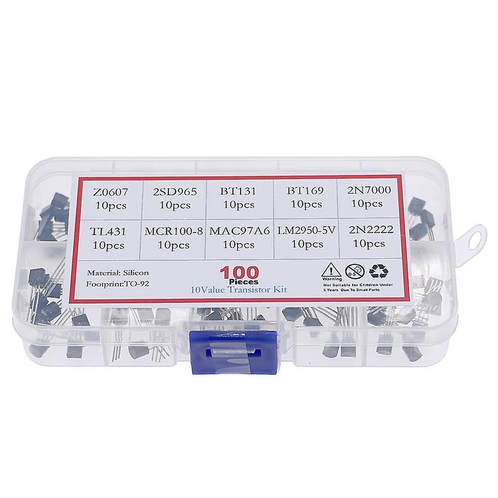 Set 1000 Piese Kit Transistori Trioda Z0607, 2SD965, BT131, BT169, 2N7000, TL431, MCR100-8, MAC97A6, LM2950-5V, 2N2222