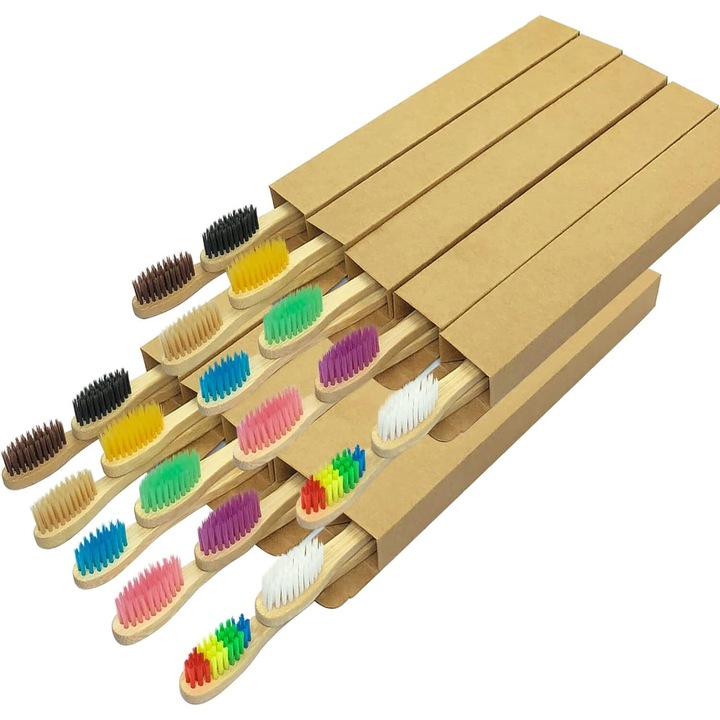 20 db bambusz fogkefe készlet, puha sörtéjű, vegyes színek, biológiailag lebomló