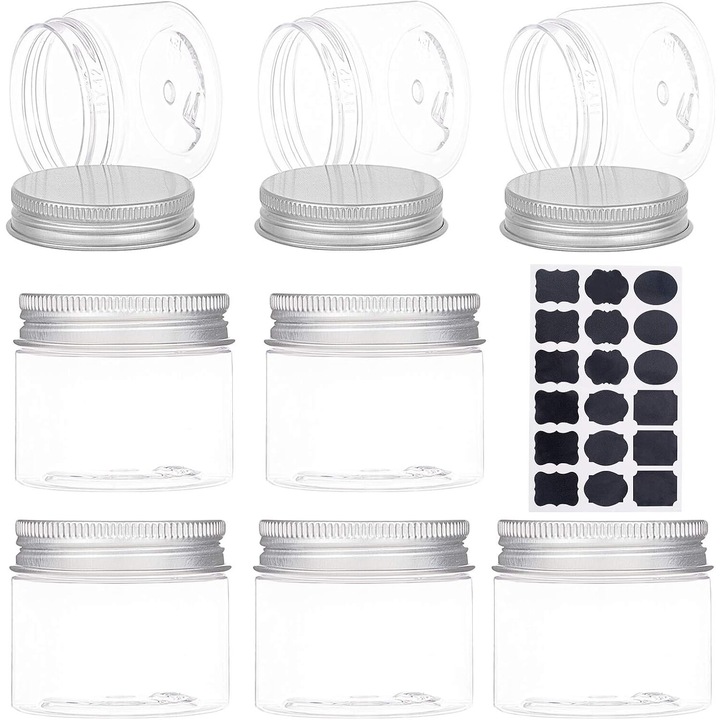 Set de 18 sticle transparente din plastic cu capac din aluminiu, 50ml, 5cm diametru, 4.15cm inaltime