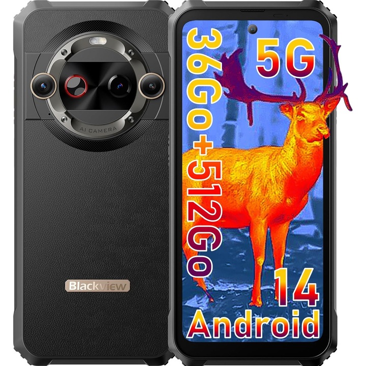 Telefon mobil Blackview BL9000 Pro, 5G, Rezistent la praf/anti-picatura/impermeabil, 36GB Ram(12GB + 24GB extensibili), 512GB, Android 15, 5100mAh, NFC, Negru