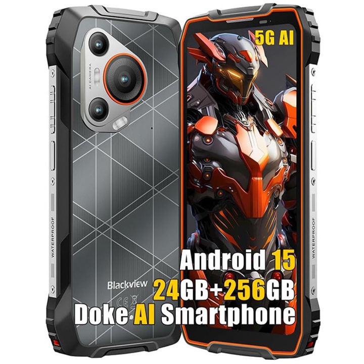 Telefon mobil Blackview BL7000, 5G, 6.78" FHD+, 24GB RAM(8GB + 16GB extensibili), 256GB ROM, Android 15, 7500mAh, 8 cores, Dual SIM, Arm Mali-G57 MC2, NFC/Amprenta/caracteristici faciale, Portocaliu