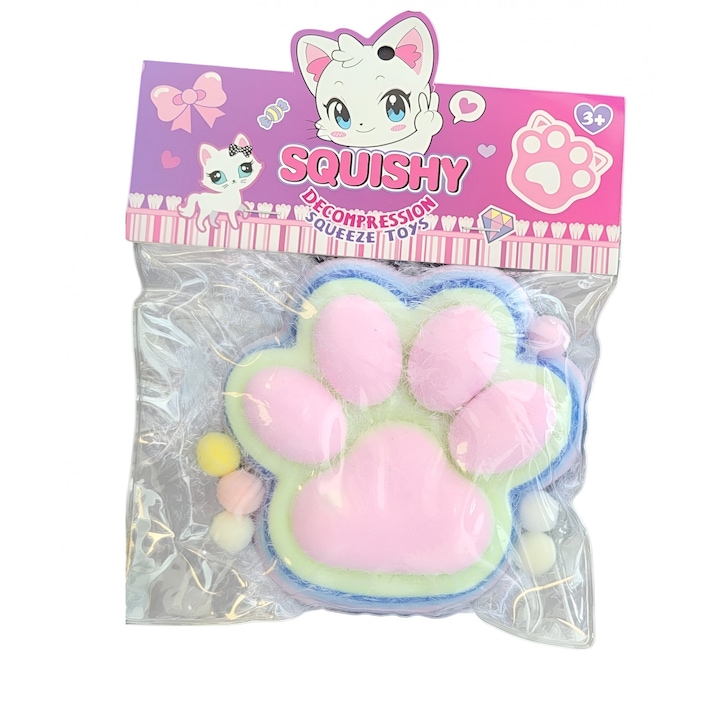 Jucarie Antistres Squishy, Model Cat Paw - Labuta de pisica pufoasa, Roz