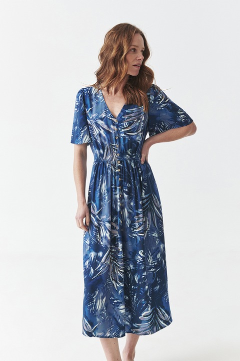 TATUUM, Rochie cu decolteu in V si imprimeu, Alb, Bleumarin, 40