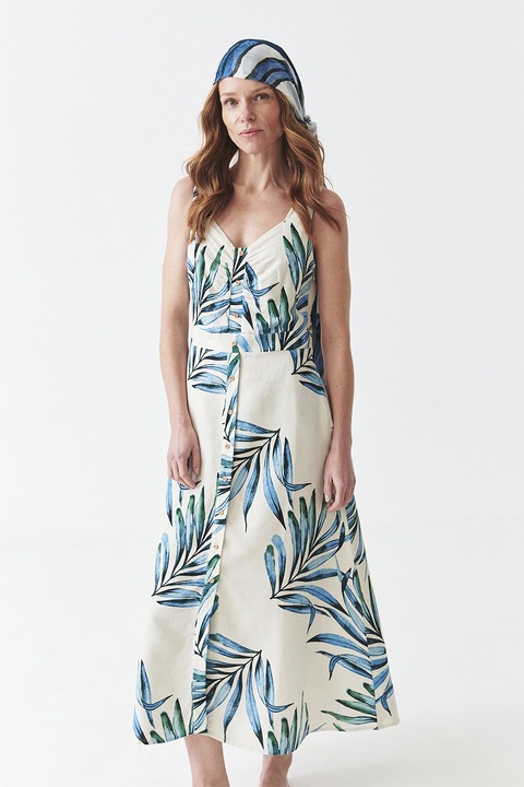 TATUUM, Rochie din amestec de in cu imprimeu, Bej/Albastru