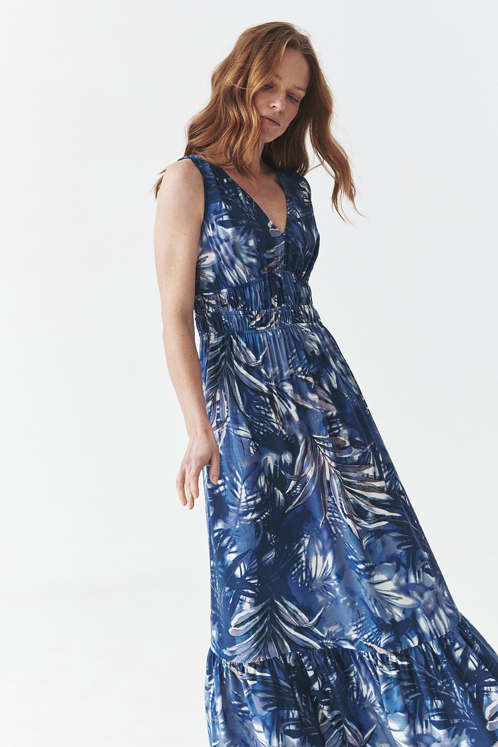 TATUUM, Rochie lunga cu decolteu in V, Alb, Bleumarin, 36