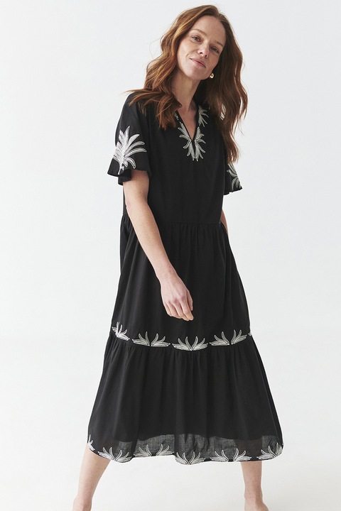 TATUUM, Rochie midi cu croiala evazata si detalii brodate, Alb/Negru