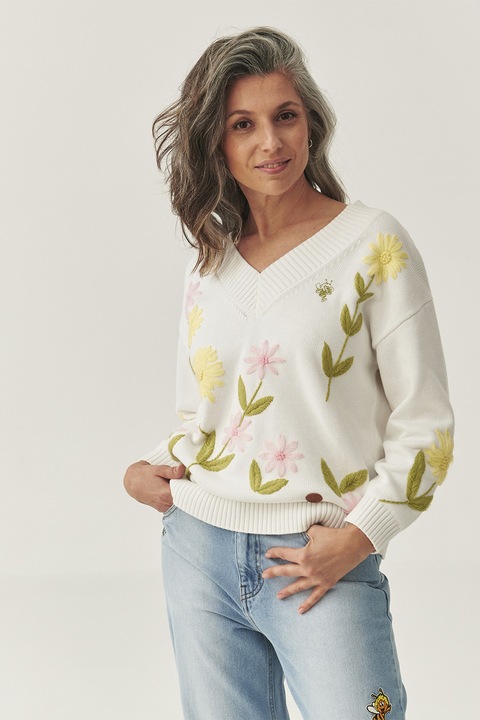 TATUUM, Pulover cu model floral, Alb, Galben, L