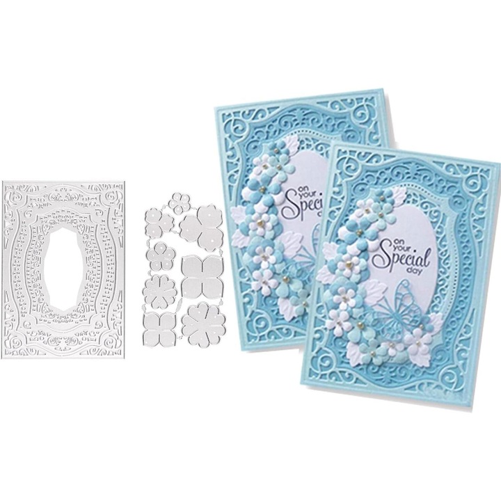 Set sabloane de taiere din metal, 2 bucati, forme flori, 12.5x8.8cm si 11.5x6.2cm, argintii