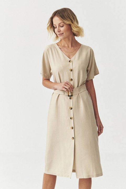 TATUUM, Rochie midi cu croiala dreapta si decolteu in V, Bej deschis