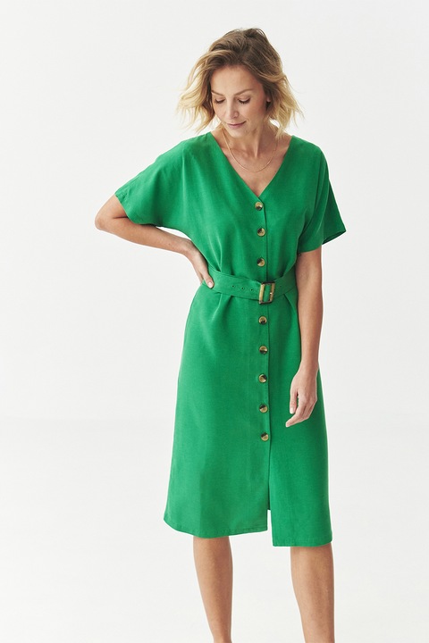 TATUUM, Rochie midi cu croiala dreapta si decolteu in V, Verde