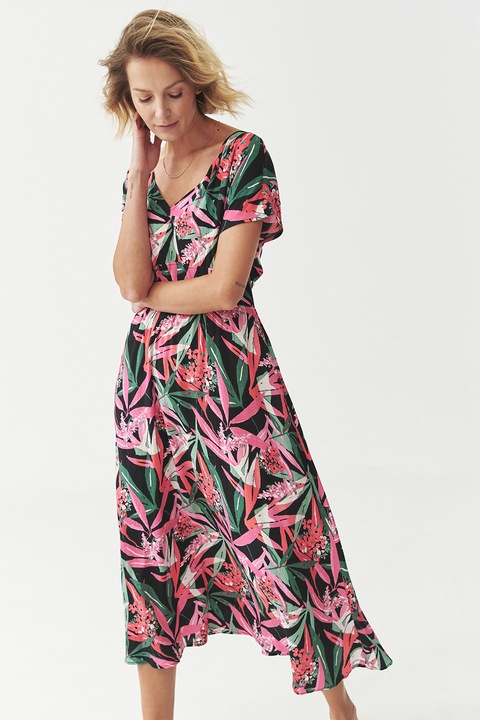 TATUUM, Rochie midi cu croiala evazata si decolteu in V, Negru/Roz