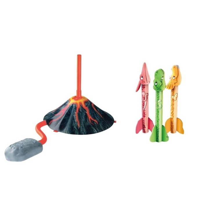 Gyerekjáték, Lábas rakétavető, Egyetlen kilövő, 3 dinoszaurusz rakéta lámpákkal, 30 cm magas, Vulkán modell, Többszínű