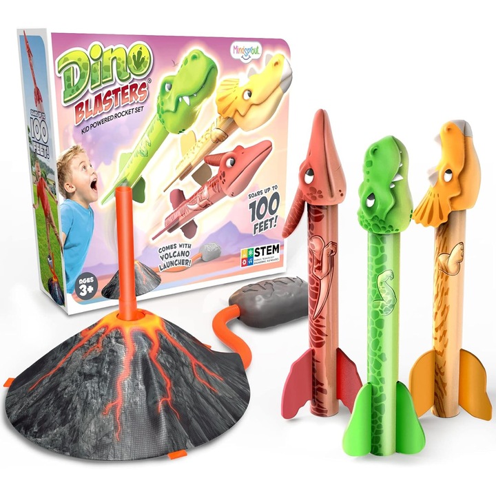 Комплект Dino Blasters – Тематични ракети с динозаври и ракета за изстрелване на вулкани, 100% активиране на скок, ракети от пяна за деца 3–7 години, безопасно забавление на открито или закрито