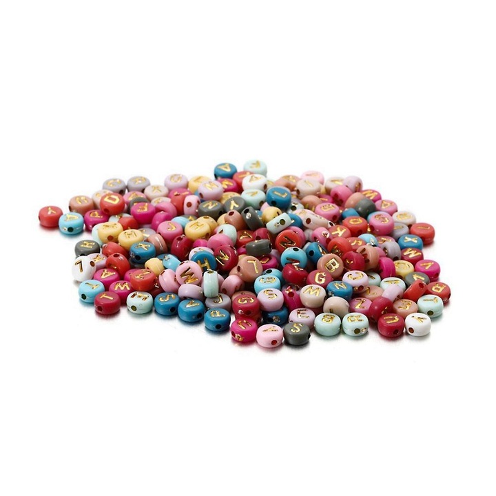 Set 1000 bucati margele acrilice litere aurii, multicolor, 3.7x7mm