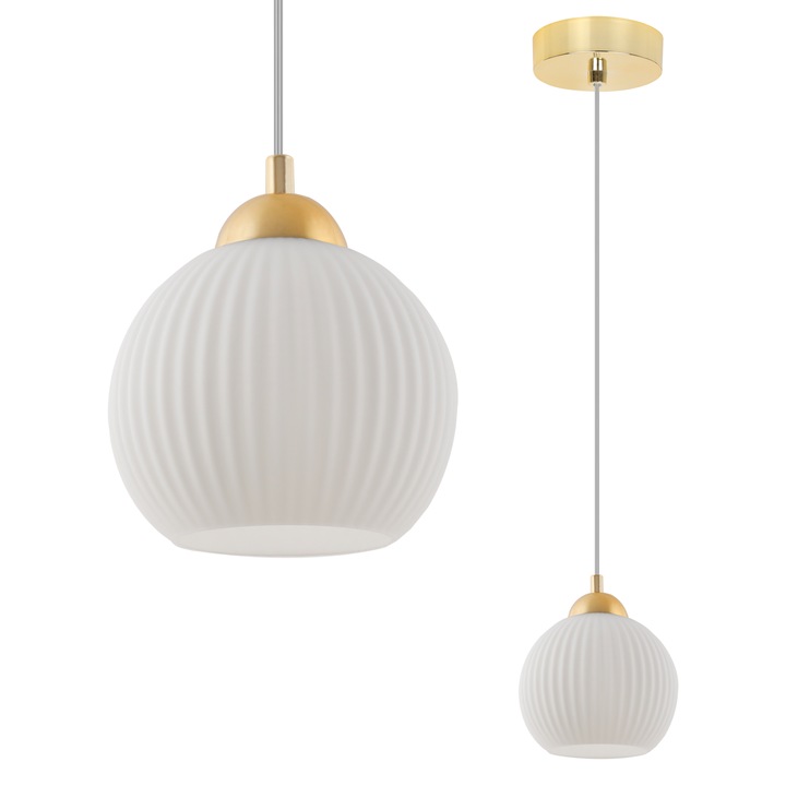 Висяща лампа, Light Home, Riffle, 14 x 14 Cm, 1 светлинна точка, 230 V, стъкло, сферичен абажур, регулируема височина, бяло/злато, метална конструкция