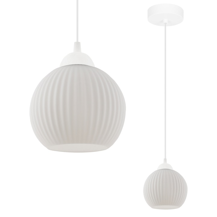 Висяща лампа, Light Home, Riffle, 14 x 14 Cm, 1 източник на светлина, 230 V, стъкло, сферичен абажур, регулируема височина, бяла, метална конструкция