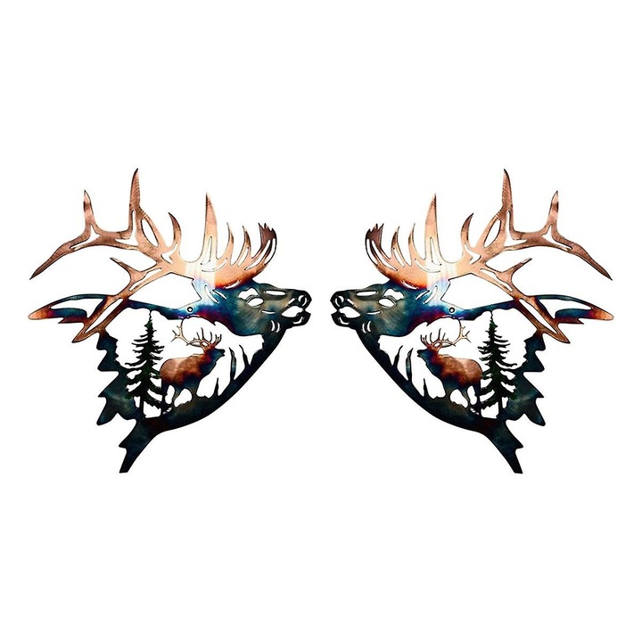 Decoratiune de perete metalica rustica, set 2 bucati, motiv vanatoare cu cerbi, 26x28cm