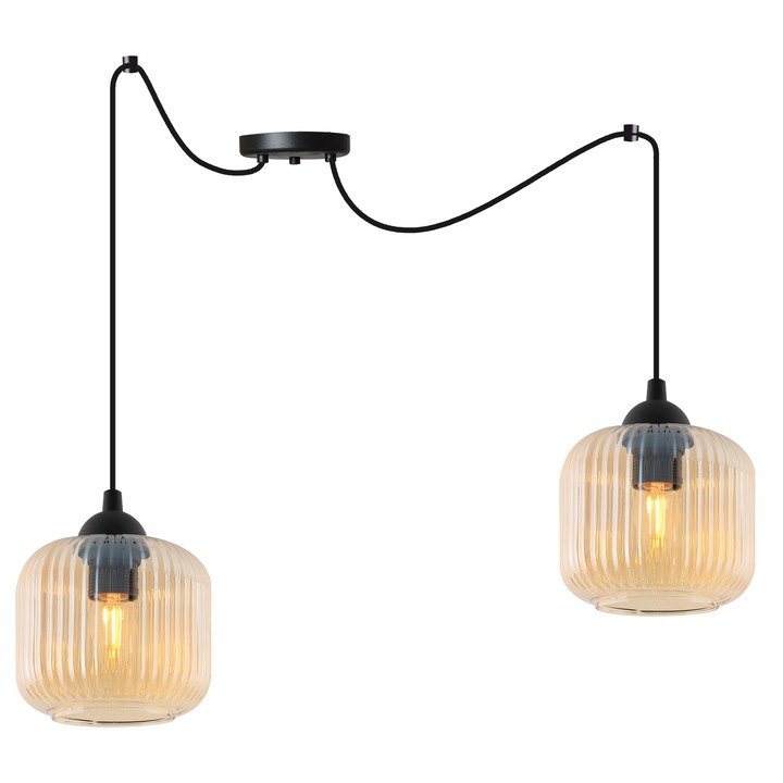 Висяща лампа, Light Home, Riffle, 15 x 15 Cm, 2 светлинни точки, 230 V, стъкло, сферичен абажур, регулируема височина, черен/мед, метална конструкция