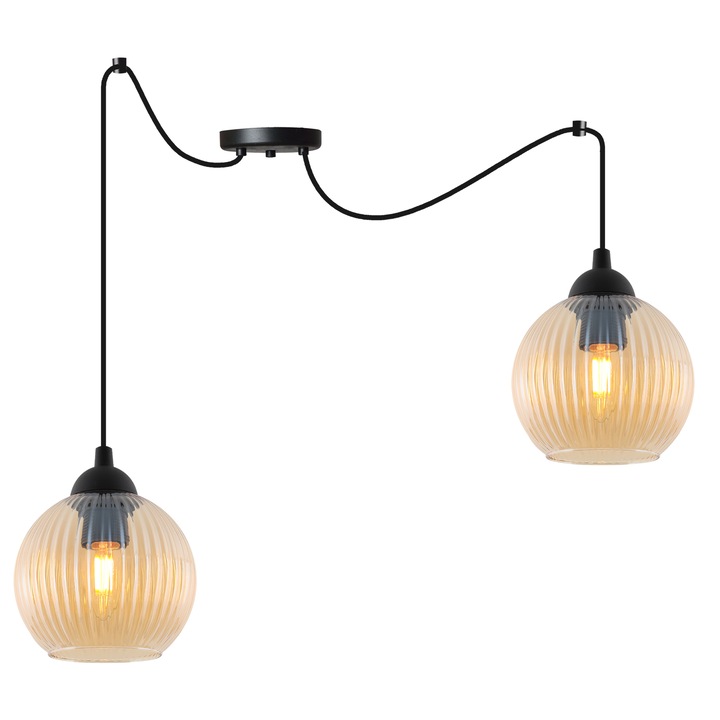 Висяща лампа, Light Home, Riffle, 14 x 14 Cm, 2 светлинни точки, 230 V, стъкло, сферичен абажур, регулируема височина, черен/мед, метална конструкция