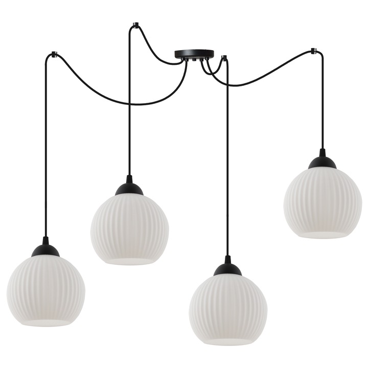 Висяща лампа, Light Home, Riffle, 14 x 14 Cm, 4 светлинни точки, 230 V, стъкло, сферичен абажур, регулируема височина, модерен дизайн, черно/бяло, метална конструкция