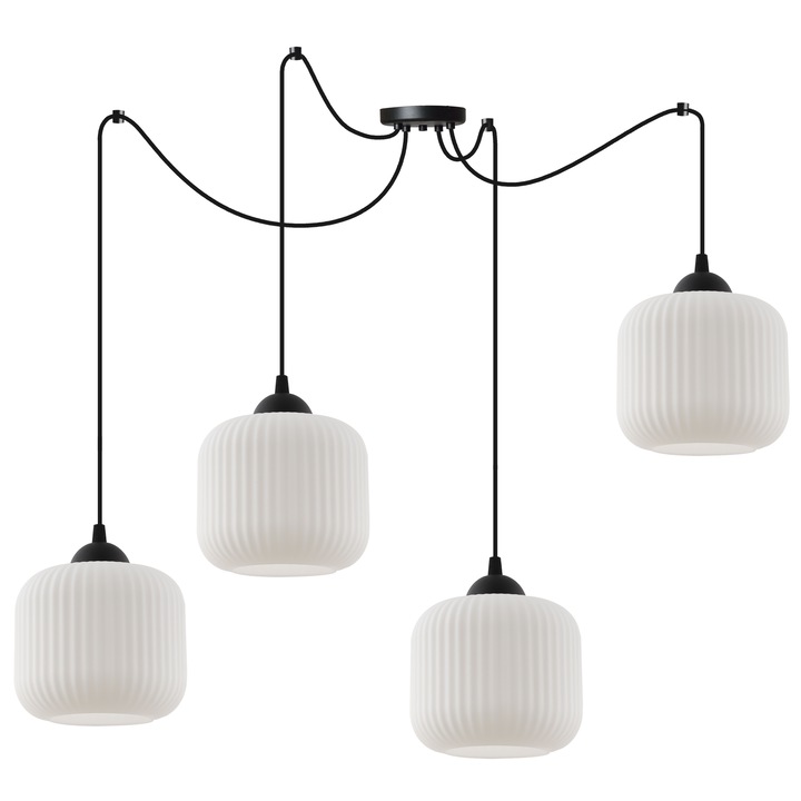 Висяща лампа, Light Home, Riffle, 15 x 15 Cm, 4 светлинни точки, 230 V, стъкло, цилиндричен абажур, регулируема височина, модерен дизайн, черно/бяло, метална конструкция